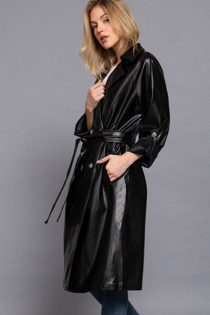 Double Breasted Black Faux Leather Trench Coat