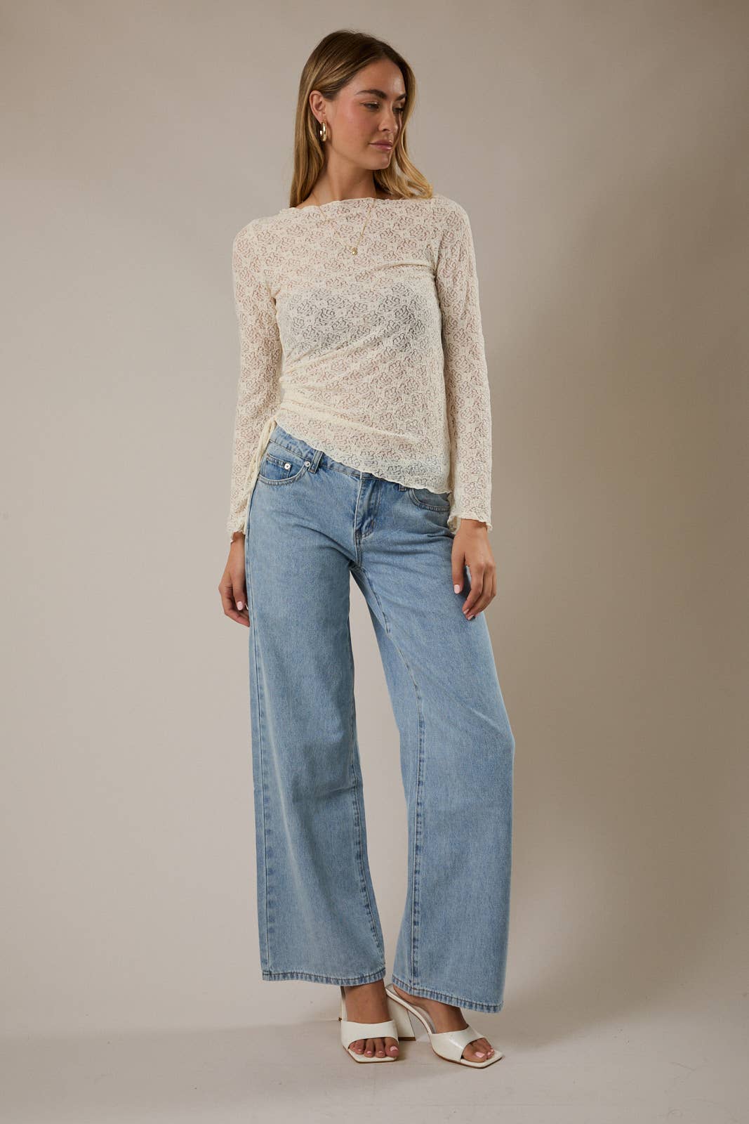 Lace Ruched Hem Bell Sleeve Top