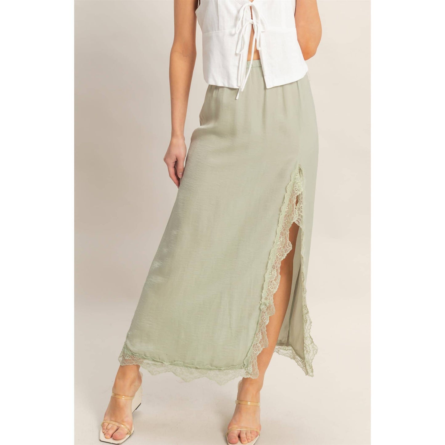 Sage Skirt With Front Slit And Lace Hem