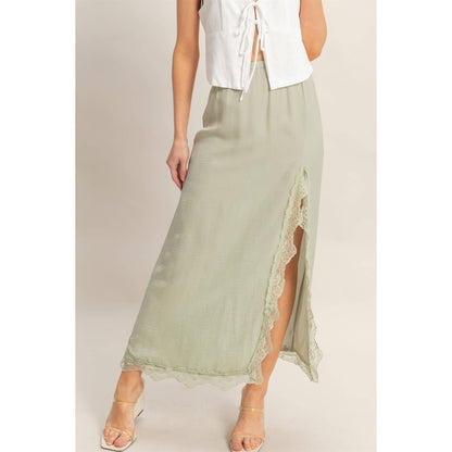 Sage Skirt With Front Slit And Lace Hem