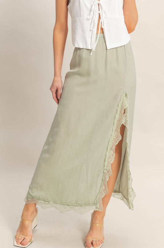 Sage Skirt With Front Slit And Lace Hem