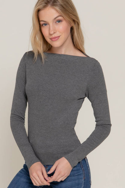 Long Sleeve Wide Boat Neck Charcoal Knit Top