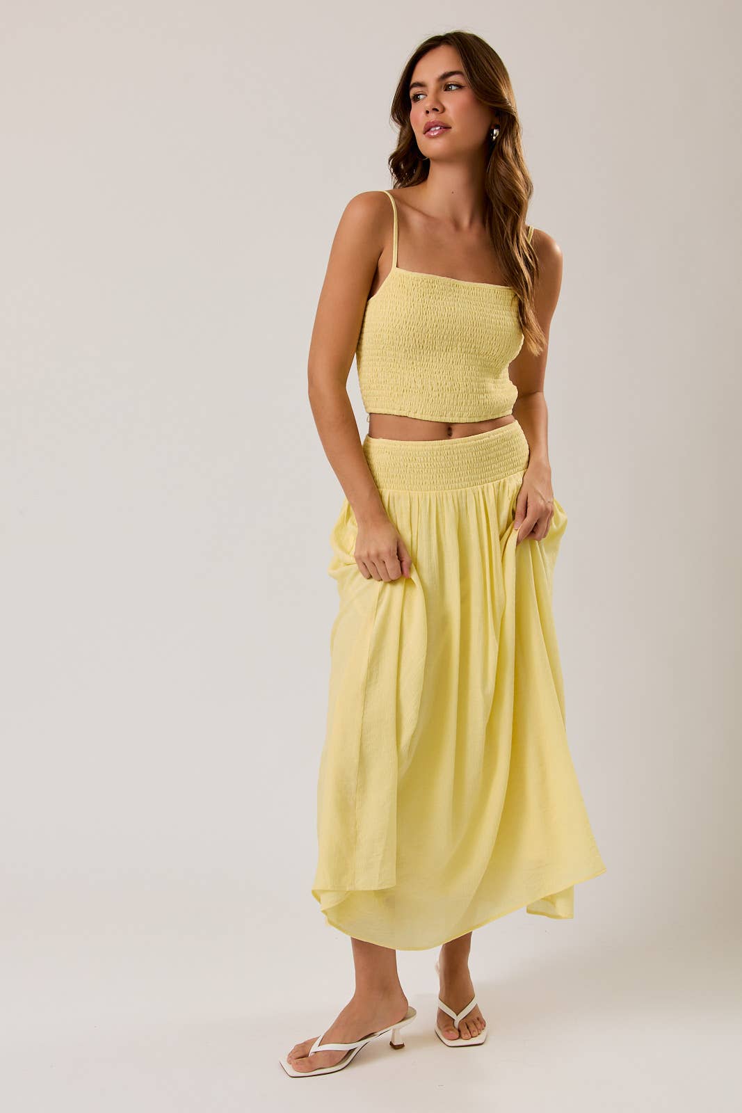 Butter Yellow High Waisted Smocked Midi Skirt