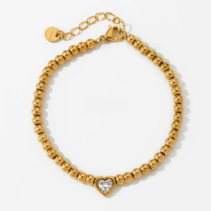 18K Gold Heart Rhinestone Beaded Bracelet