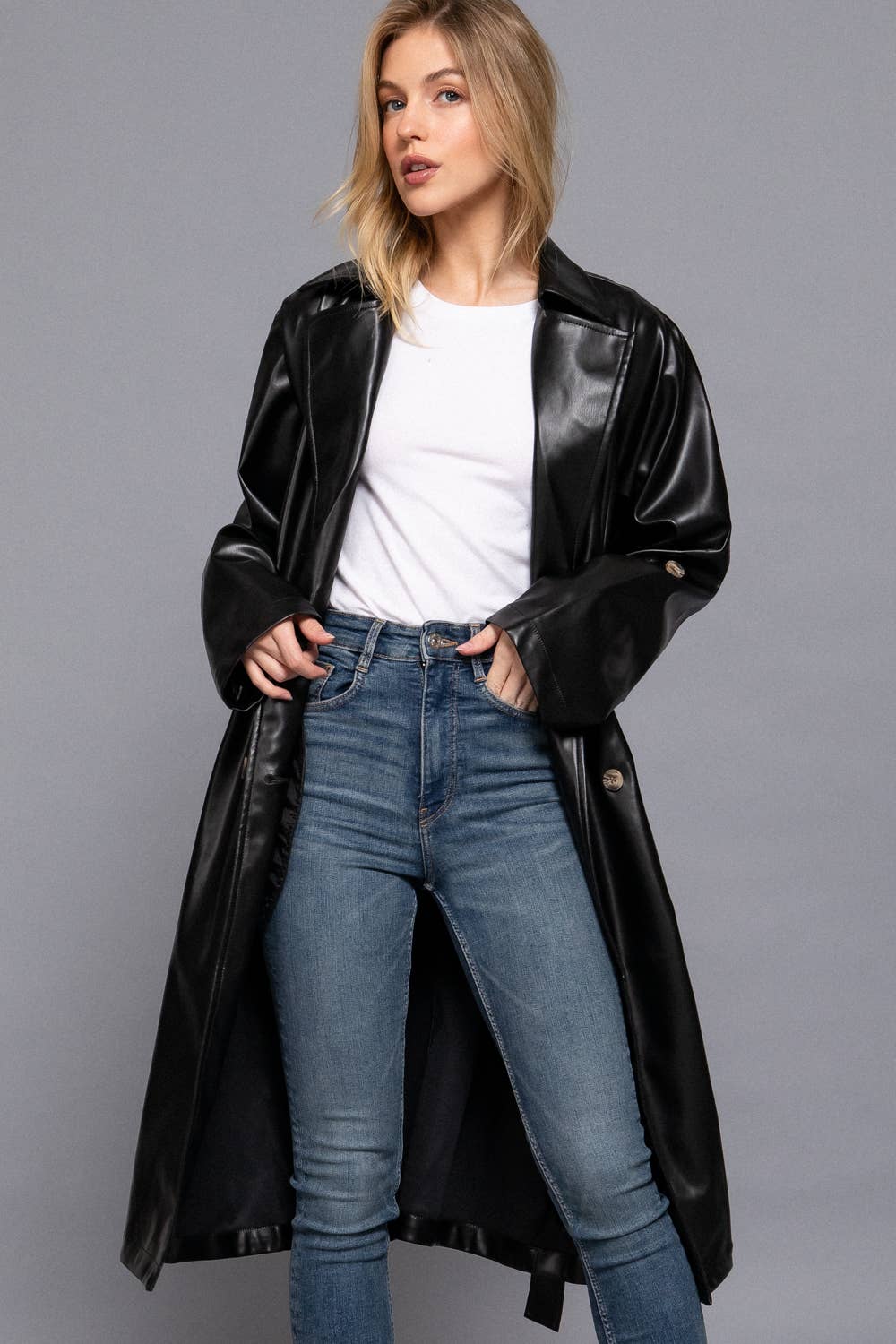 Double Breasted Black Faux Leather Trench Coat