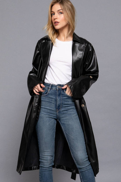 Double Breasted Black Faux Leather Trench Coat