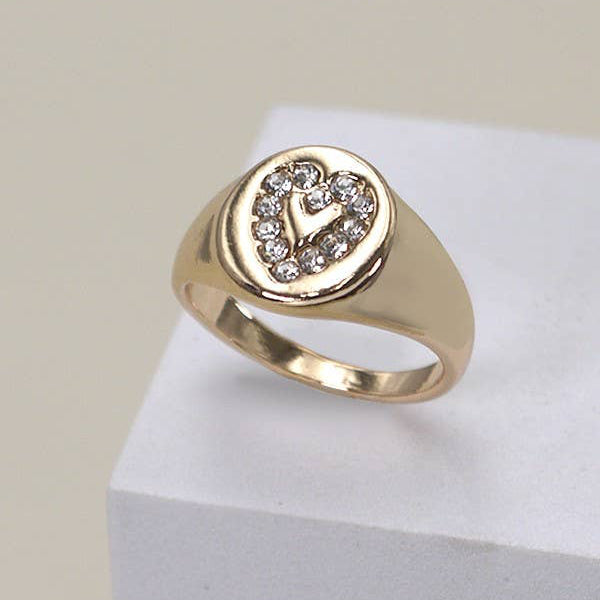 Gold Rhinestone Heart Signet Ring