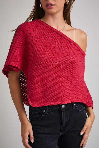 Off The Shoulder Red Crochet Poncho