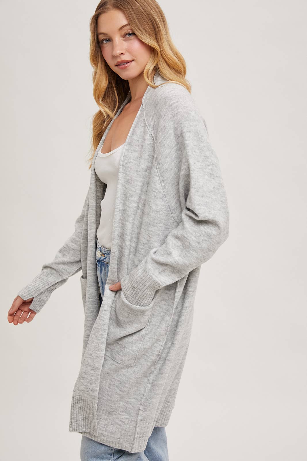 Grey Marble Open Front Long Line Cardigan