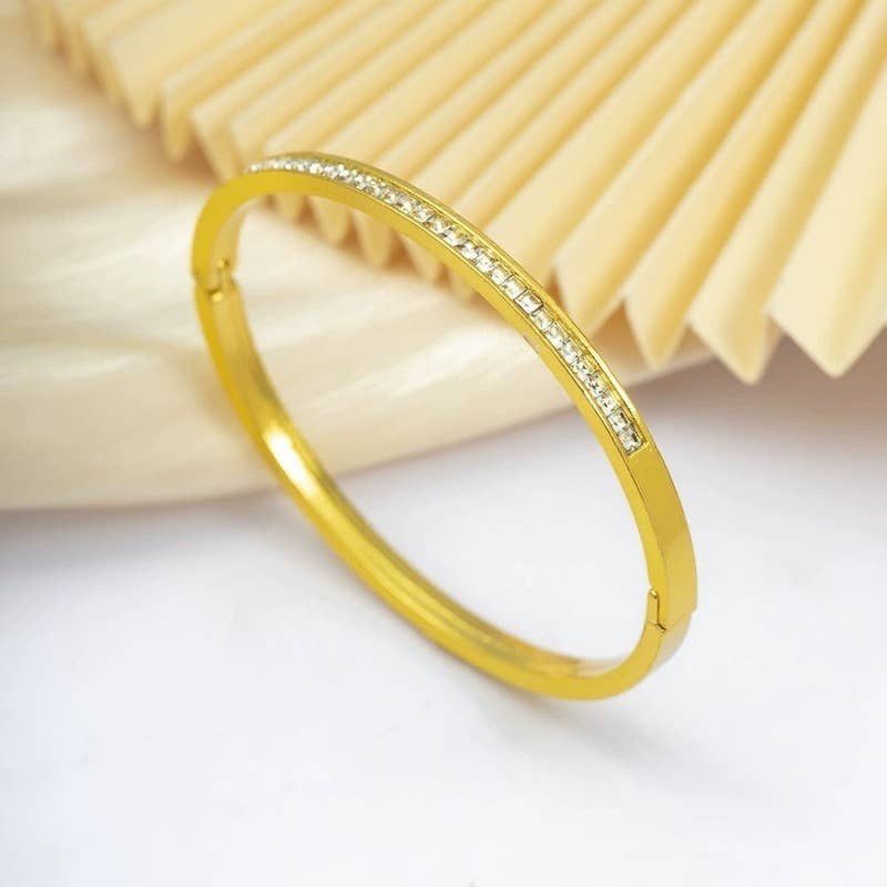 18K Non-Tarnish Rhinestone Detail Bangle | Silver Or Gold