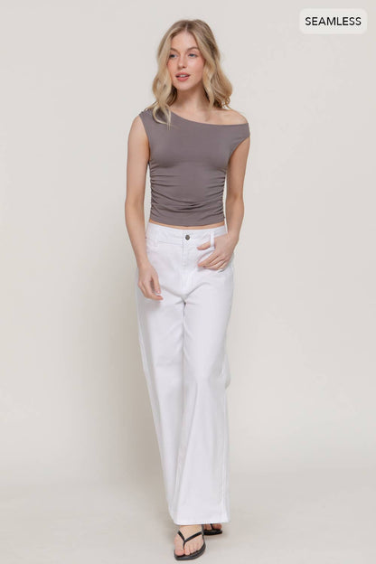 Asymmetric Top Side Shirring Seamless Top in Stone