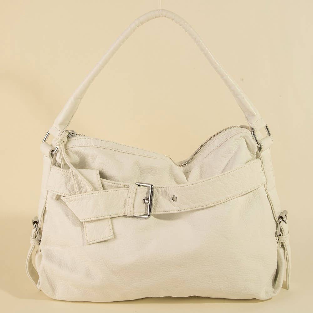 Buckle Strap Detail Beige Leather Handbag