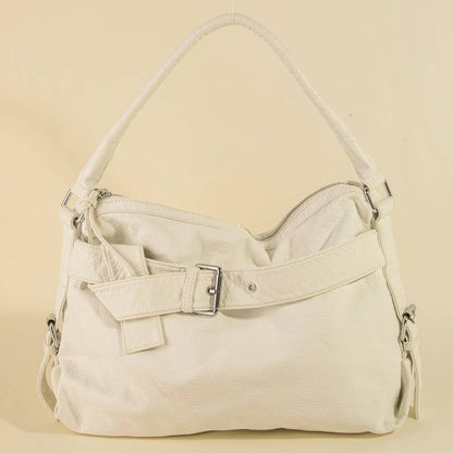 Buckle Strap Detail Beige Leather Handbag