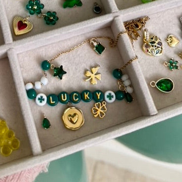 "Lucky" Green Beads Name Necklace w/ charm