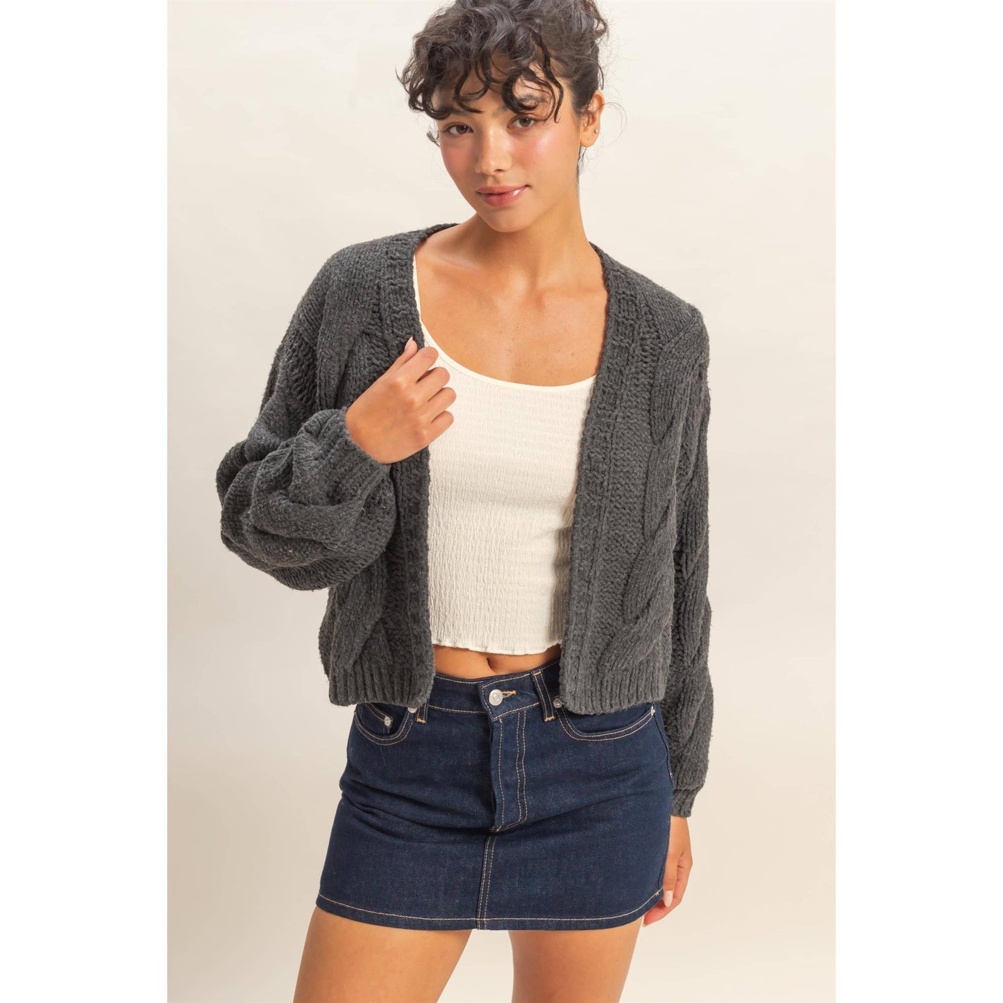 Charcoal Cable Knit Open Front Cardigan Sweater