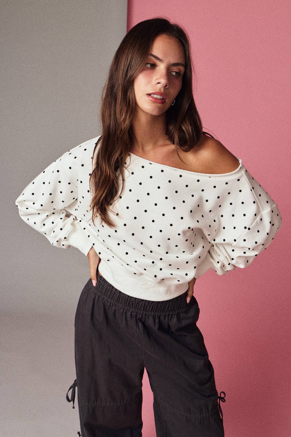 White/Black Polka Dot Off Shoulder Sweatshirt