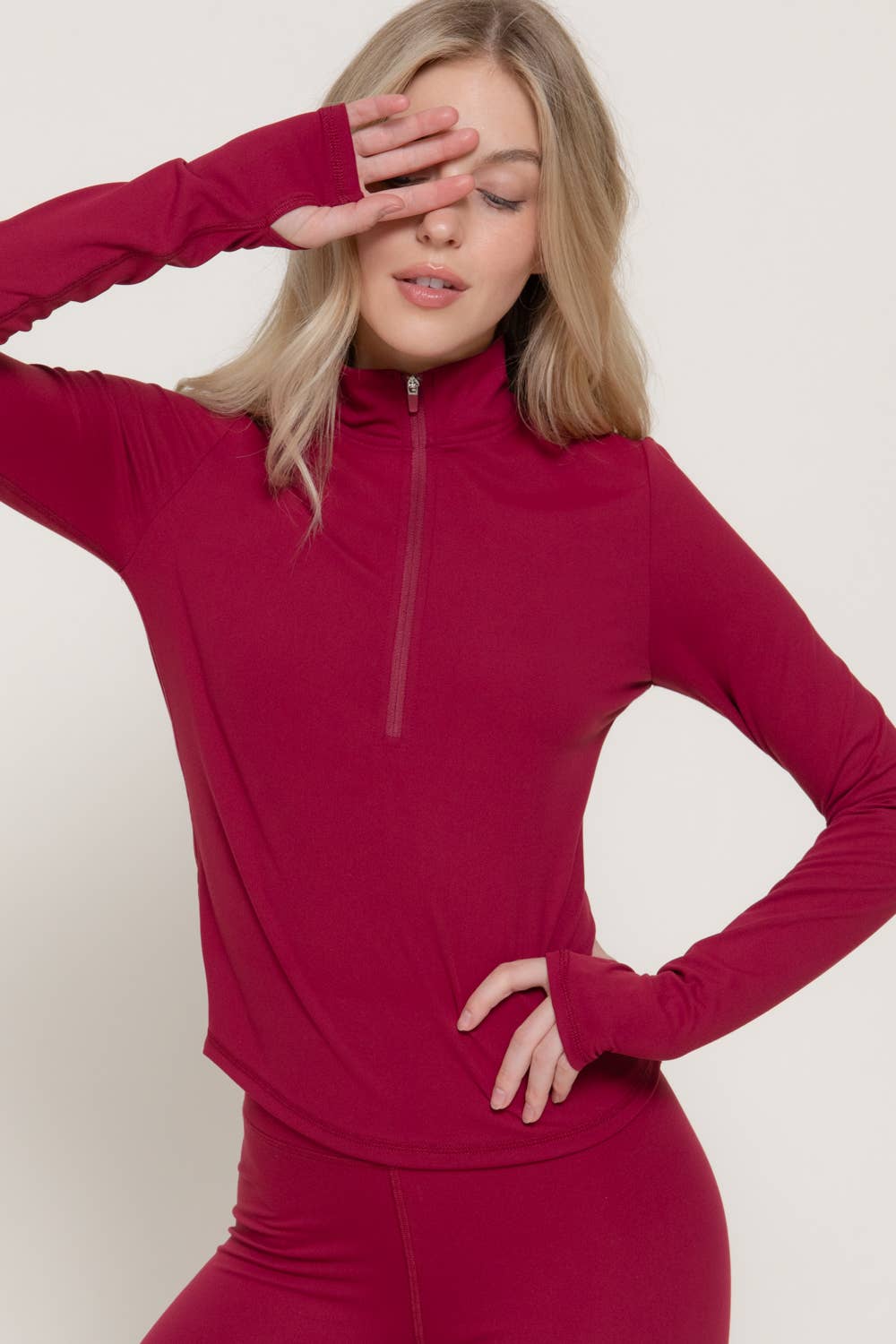 Longsleeve Thumbhole Zippered Mock Neck Top - Dark Cherry