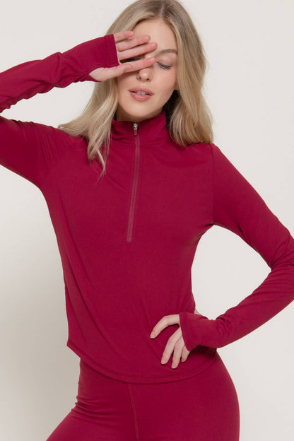 Longsleeve Thumbhole Zippered Mock Neck Top - Dark Cherry