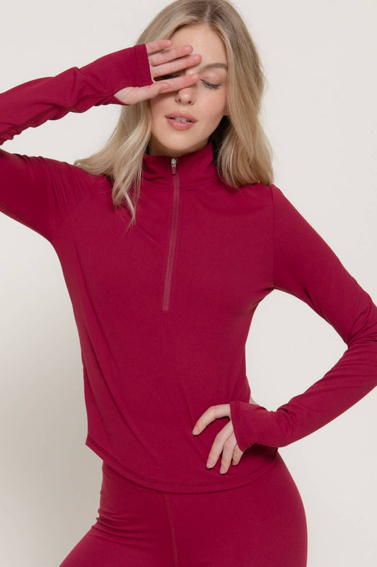 Longsleeve Thumbhole Zippered Mock Neck Top - Dark Cherry