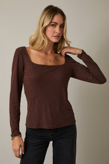 Brown Shimmer Square Neck Top