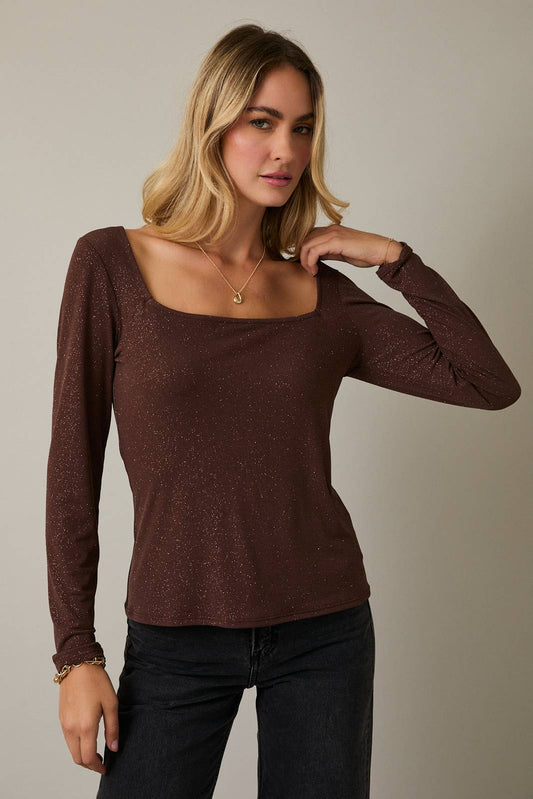 Brown Shimmer Square Neck Top