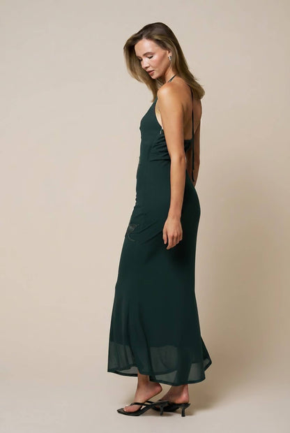 Embellished Halter Maxi Hunter Green Dress