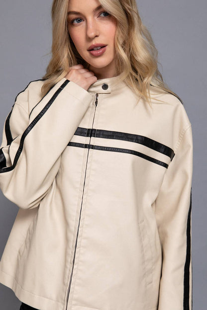 Line Detail Faux Leather Jacket - Cream