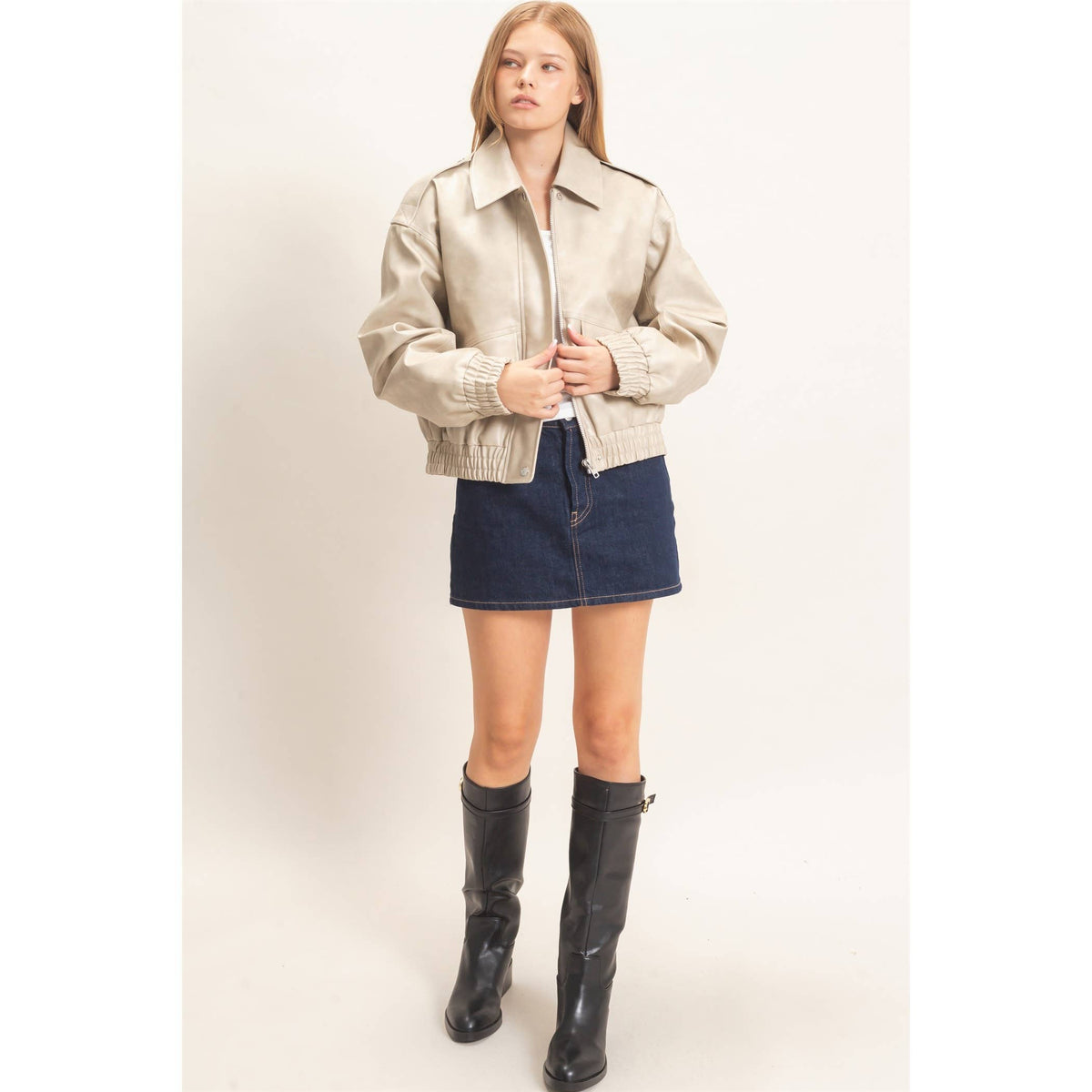 Faux Leather Collared Bomber Jacket