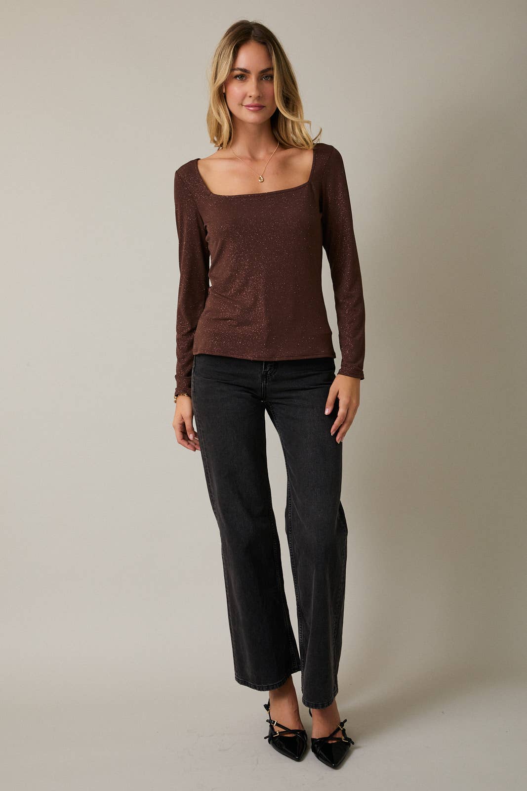 Brown Shimmer Square Neck Top
