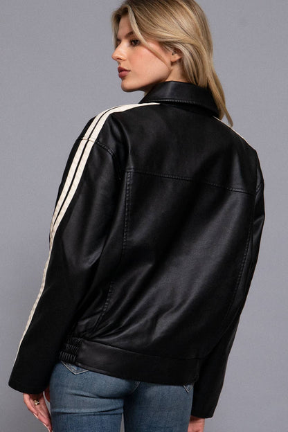 Line Detail Faux Leather Jacket - Black