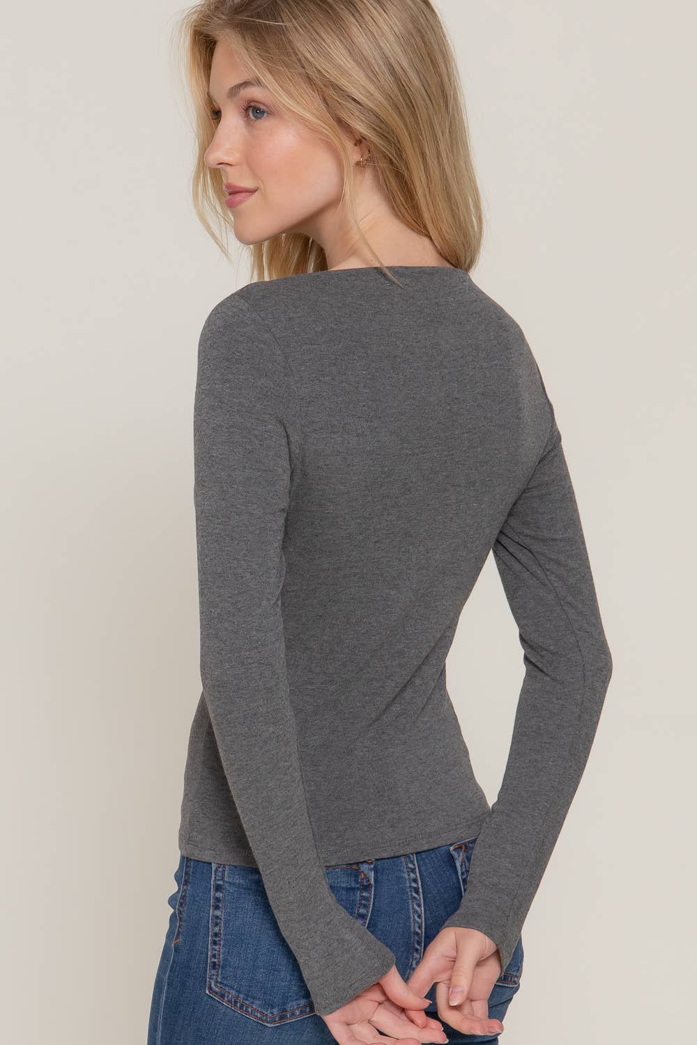 Long Sleeve Wide Boat Neck Charcoal Knit Top