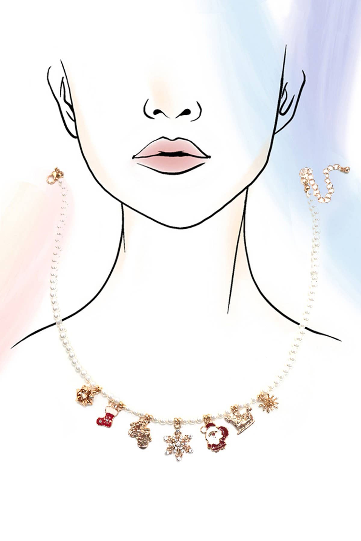 Pearl Christmas Theme Charm Necklace Gold