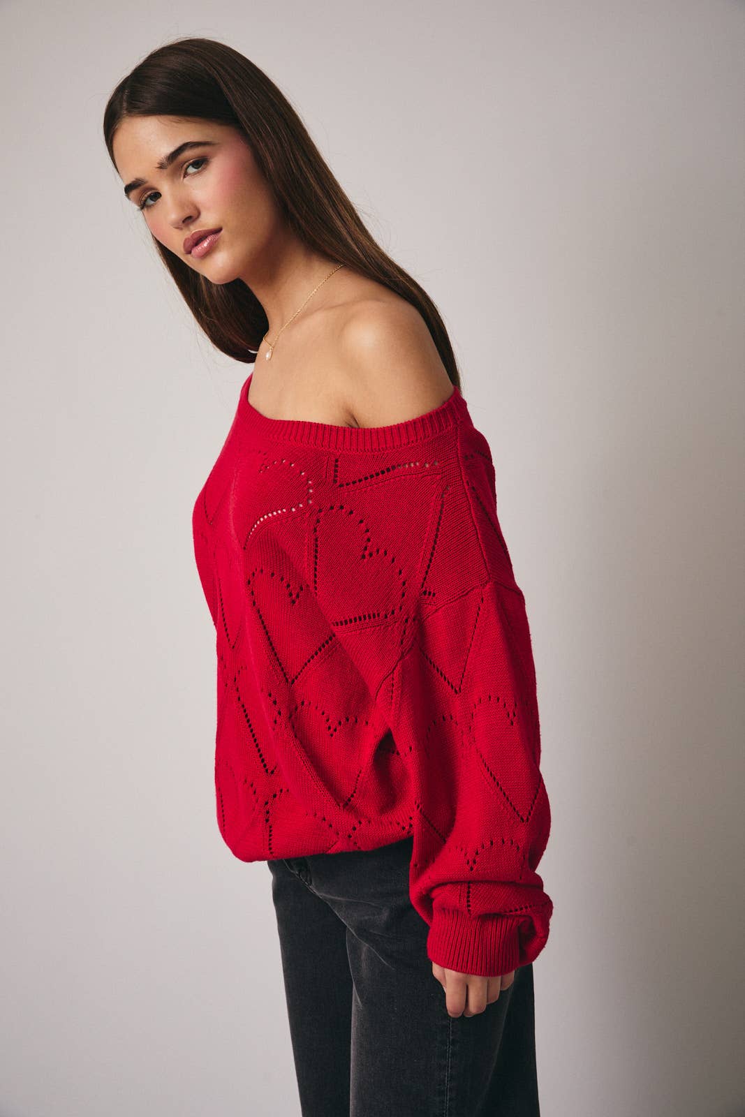 Boat Neck Long Sleeve Red Sweater