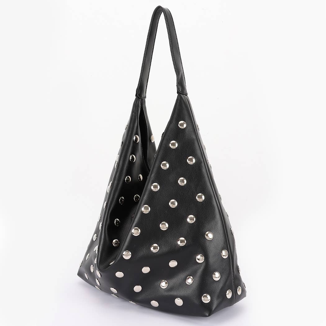 Studded Faux Leather Black Hobo Bag