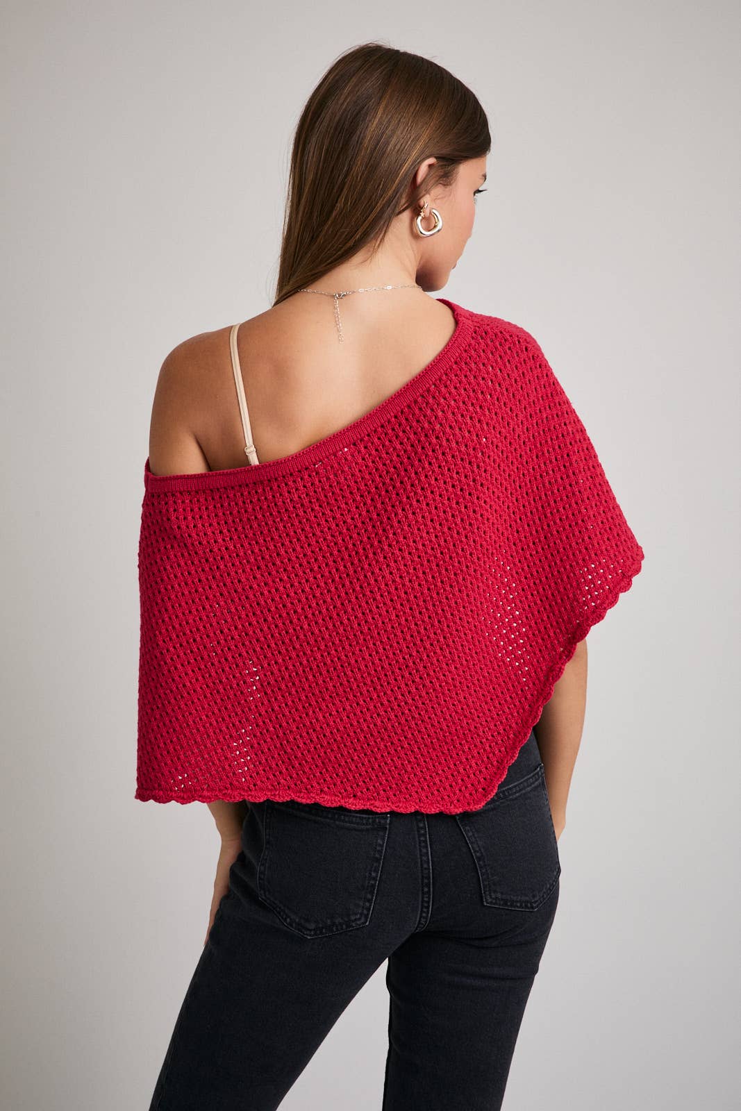 Off The Shoulder Red Crochet Poncho