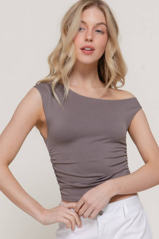 Asymmetric Top Side Shirring Seamless Top in Stone