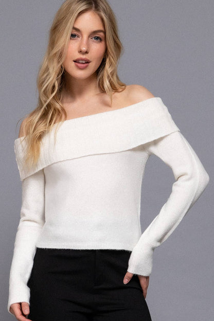 Long Sleeve Off The Shoulder Cozy Sweater - Off White