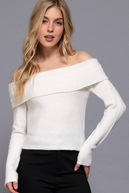 Long Sleeve Off The Shoulder Cozy Sweater - Off White