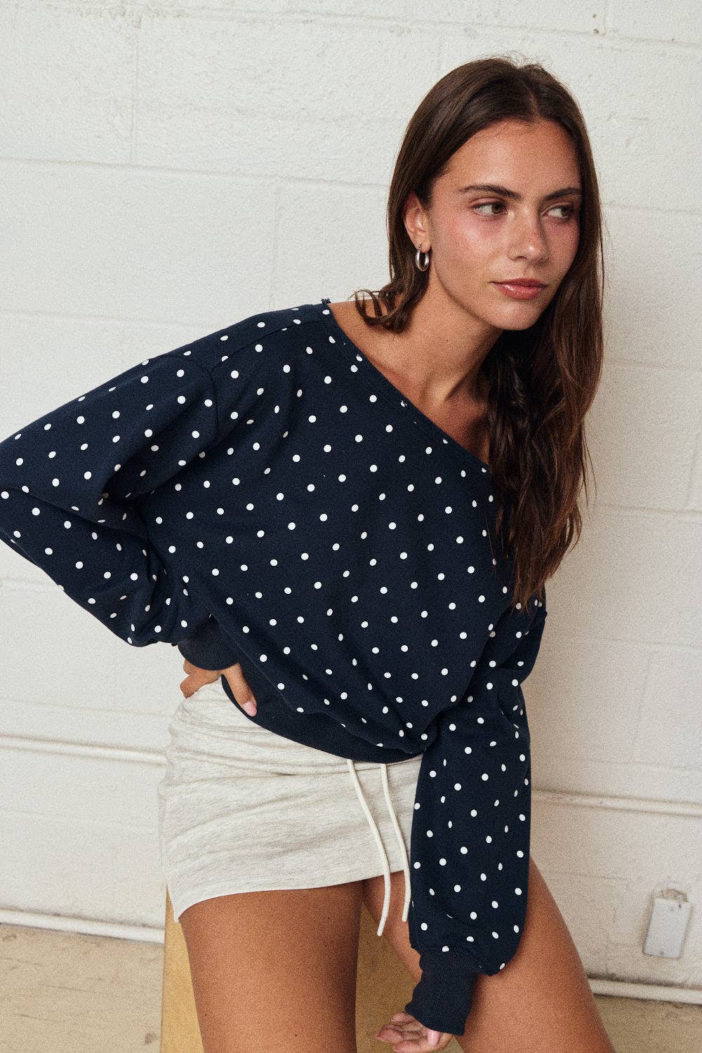Navy Polka Dot Off Shoulder Sweatshirt