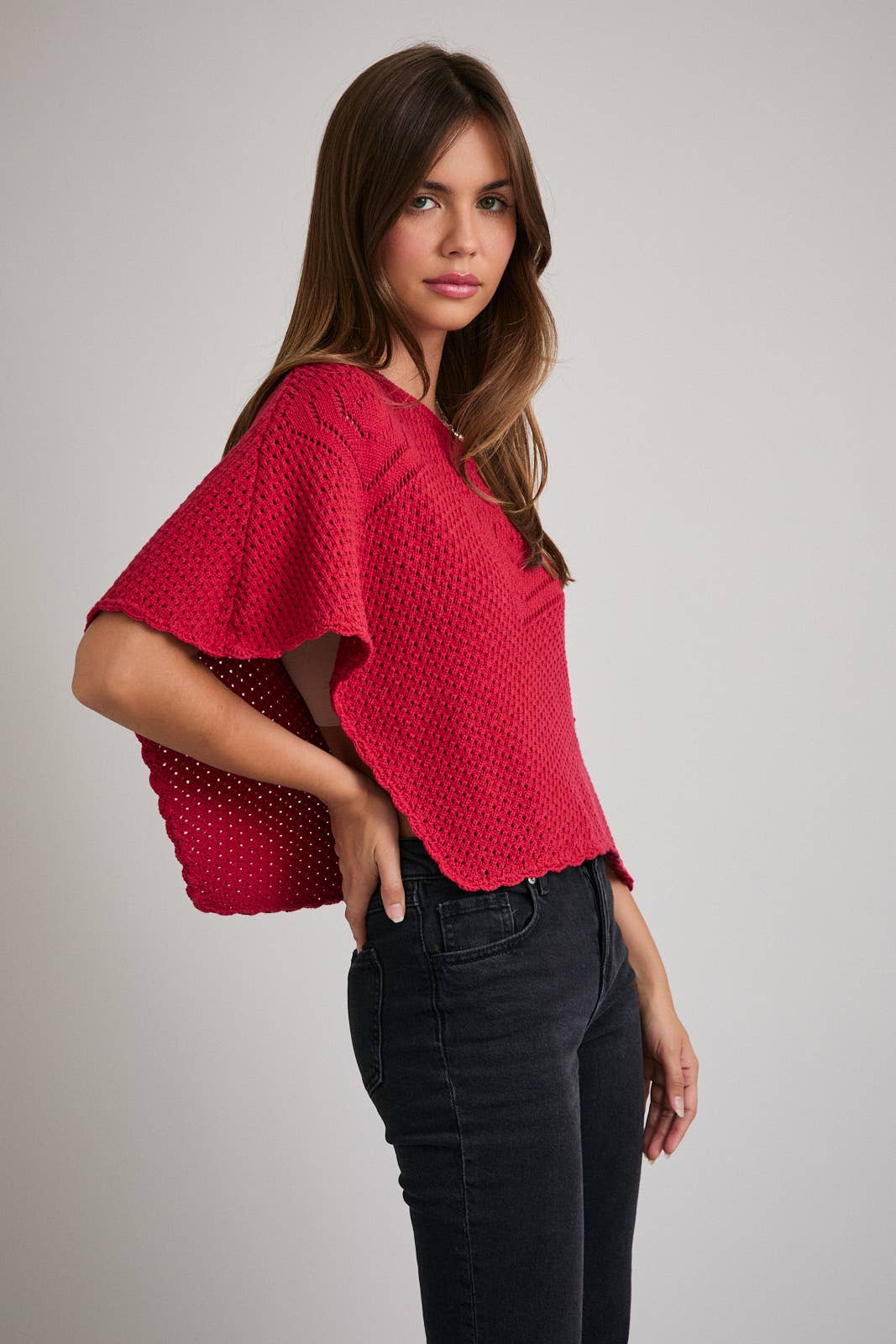 Off The Shoulder Red Crochet Poncho