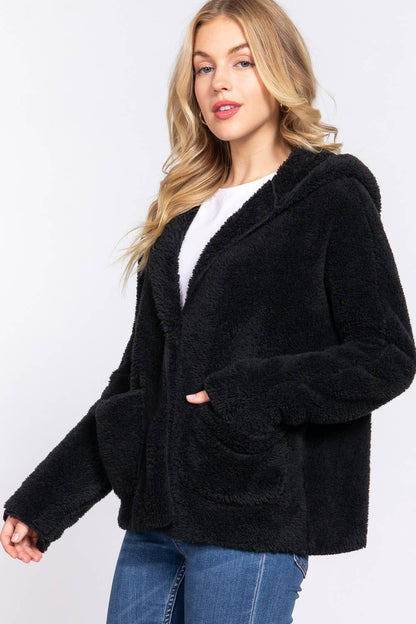 Black Dolman Sleeve Hoodie Sherpa Jacket