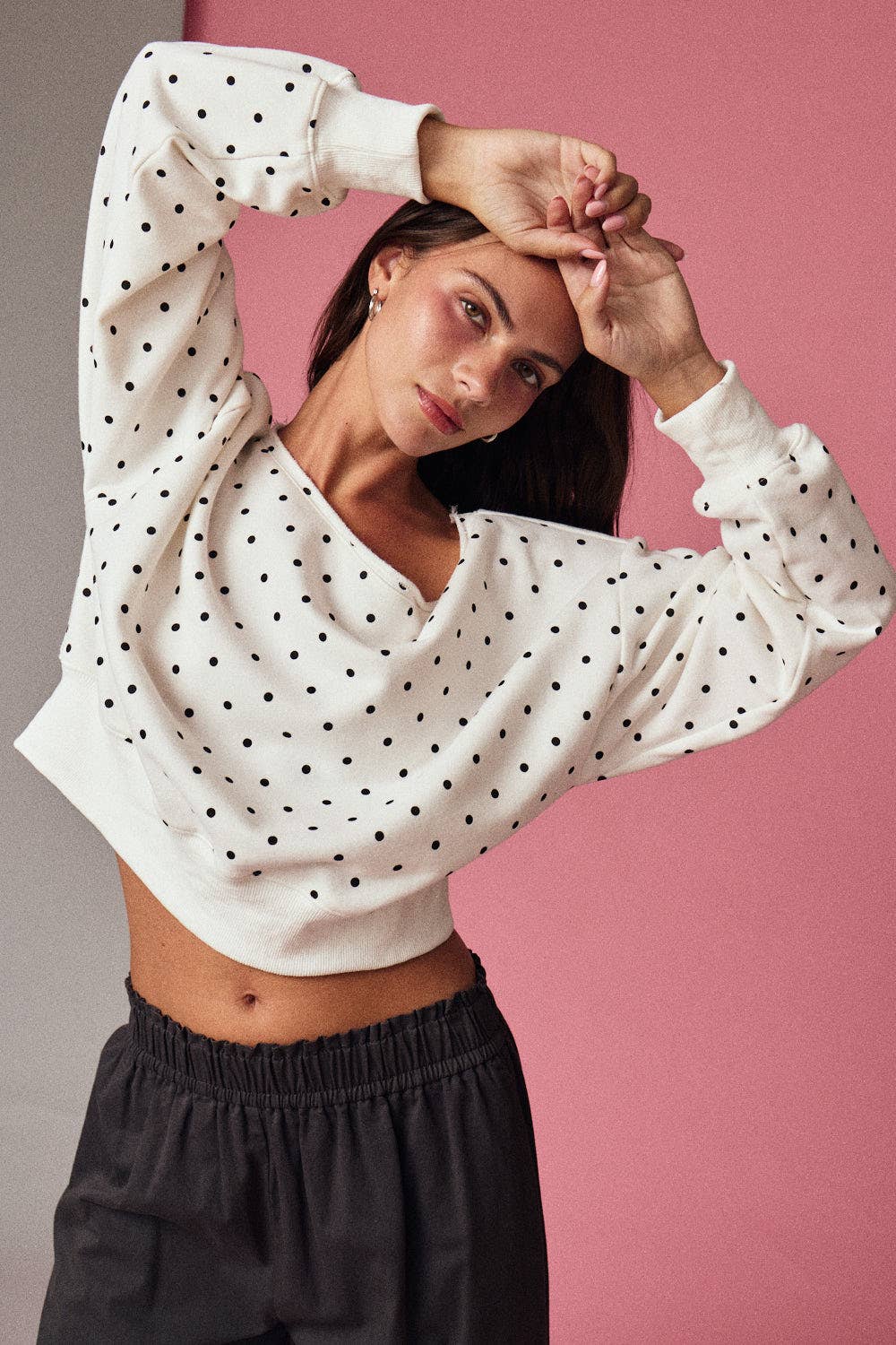 White/Black Polka Dot Off Shoulder Sweatshirt