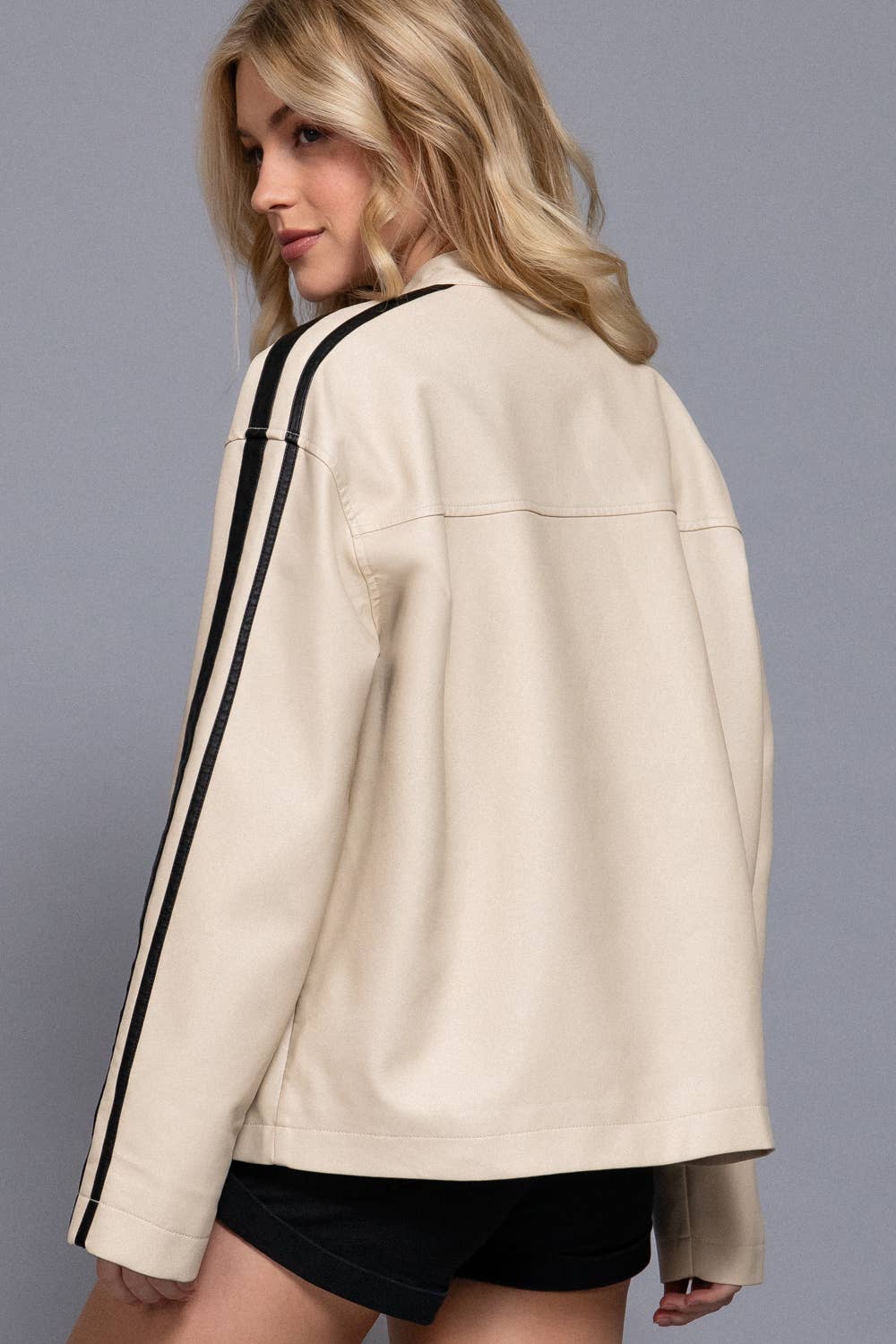 Line Detail Faux Leather Jacket - Cream