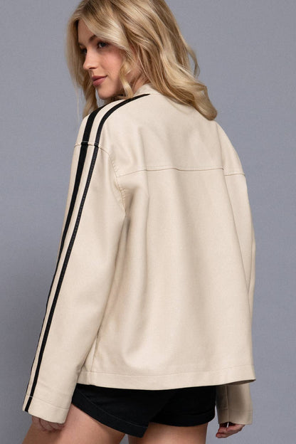 Line Detail Faux Leather Jacket - Cream