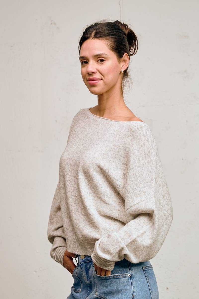 Heather Grey Off-Shoulder Lightweight Knit Sweater