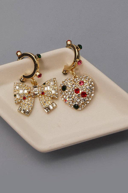 Holiday Rhinestone Heart & Bow Mini Hoop Earrings