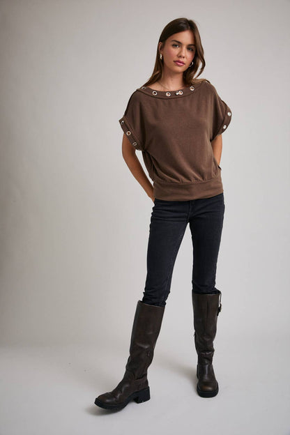 Brown Rivet Short Sleeve Top