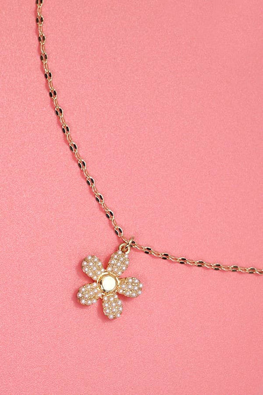Pearl Flower Charm Necklace | Gold