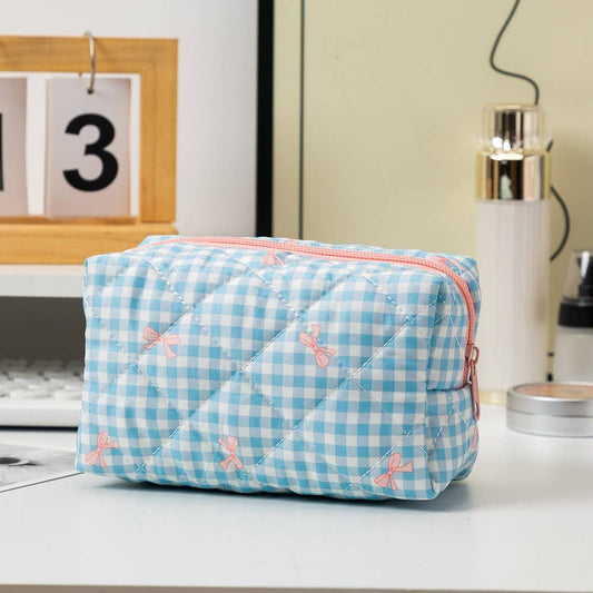 QUILTED COTTON CHECKER BOW COSMETIC POUCH BAG