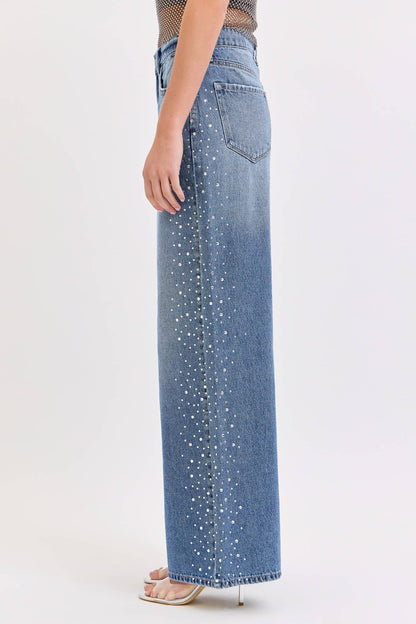 High Rise Wide Leg Rhinestone Jeans